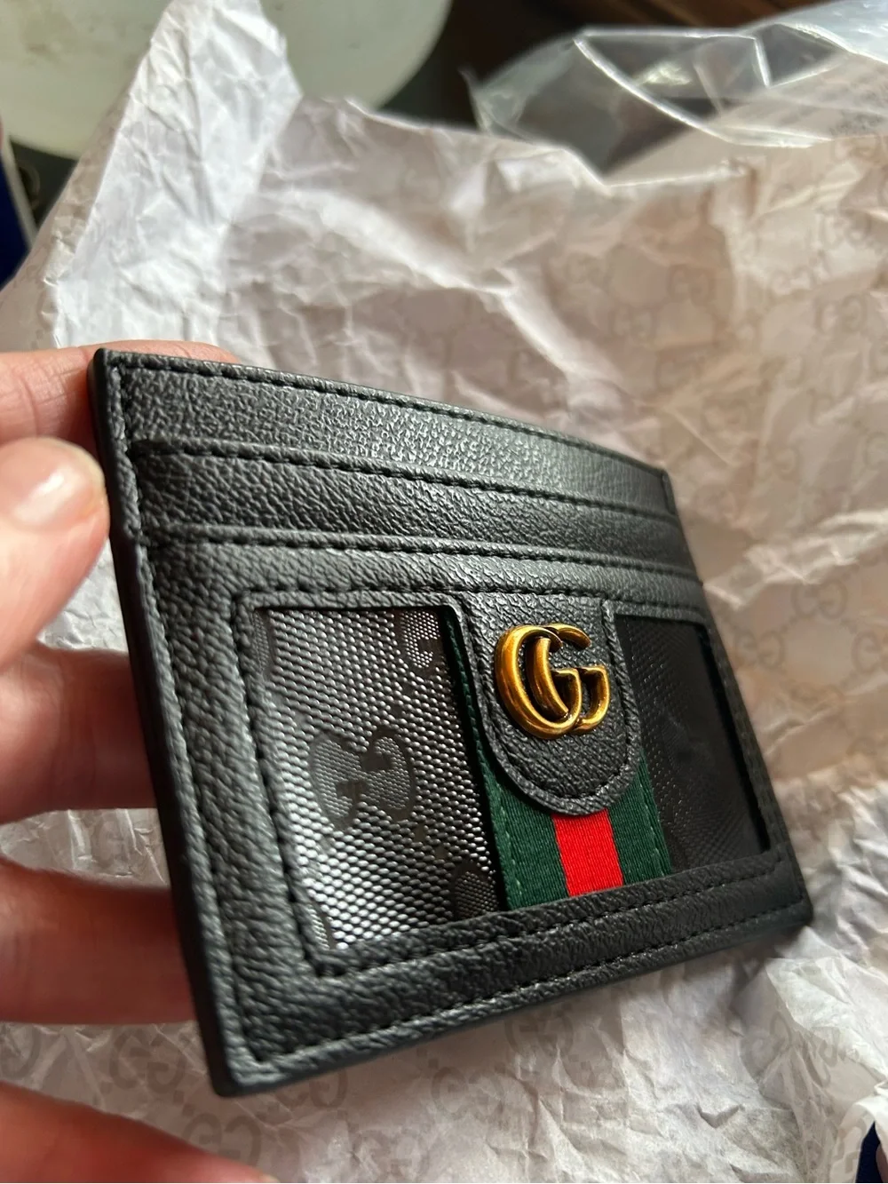 Gucci Black Leather Card Holder with Green-Red Web and Gold GG